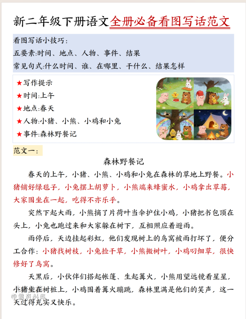 2026二年级下册语文期末复习看图写话必背押题范文-985文库
